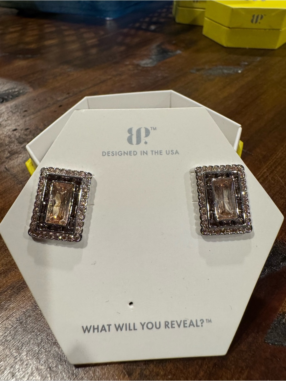 bp Champagne Rectangular Crystal Halo Stud Earrings